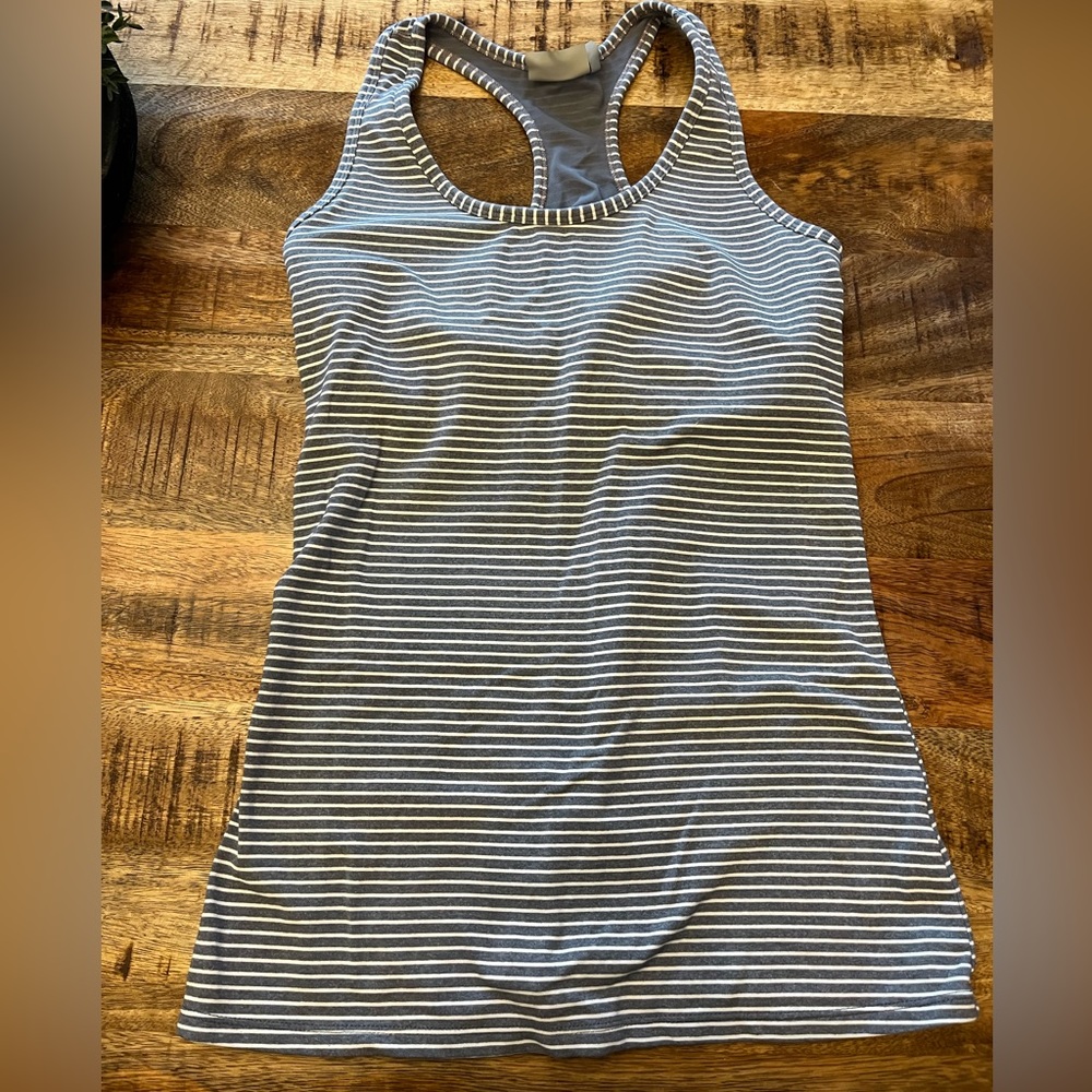 Athleta Gray and White Striped Racerback Tank Top